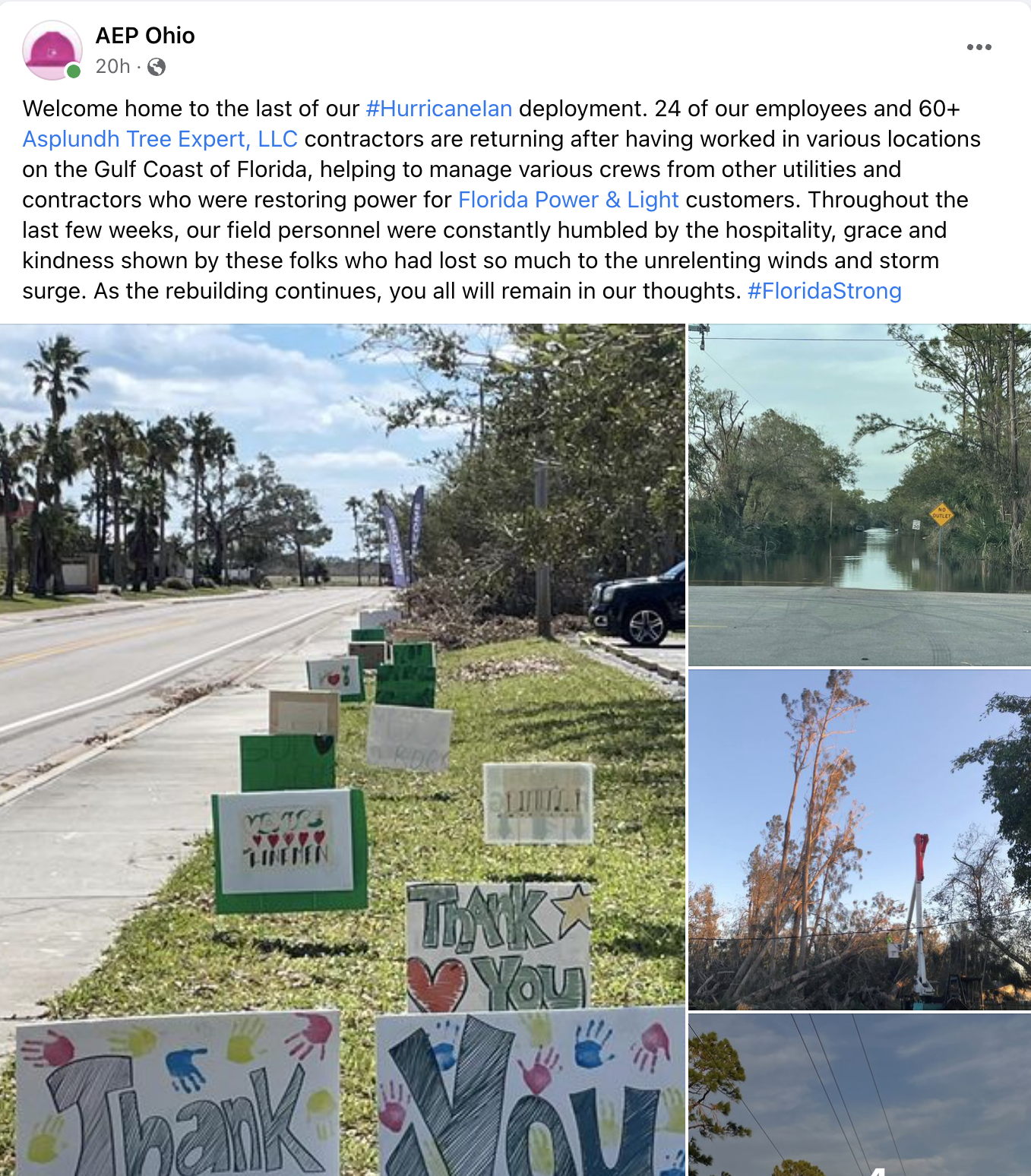 Screenshot of facebook post welcoming home AEP Ohio Lineworkers who traveled to Florida to help with hurricane Ian restoration efforts