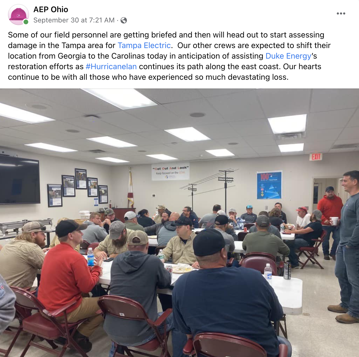 Some of our field personnel are getting briefed and then will head out to start assessing damage in the Tampa area for Tampa Electric. Our other crews are expected to shift their location from Georgia to the Carolinas today in anticipation of assisting Duke Energy’s restoration efforts as #HurricaneIan continues its path along the east coast. Our hearts continue to be with all those who have experienced so much devastating loss.