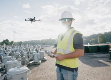 A photo of an AEP Ohio employee standing in a laydown yard and flying a drone that is hovering in the background