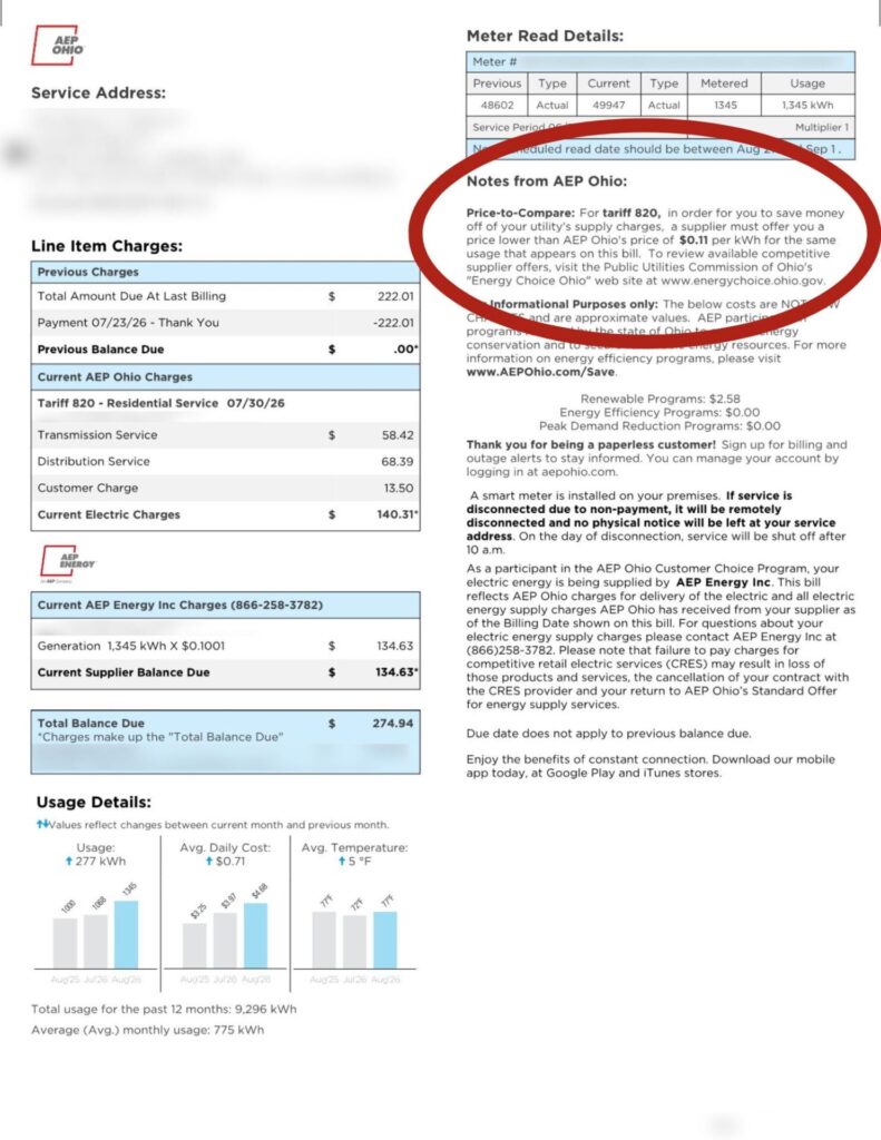 Sample electric bill from July 2026