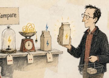 A hand drawn image of a man comparing containers of electricity while at a store to illustrate shopping for an electric supplier